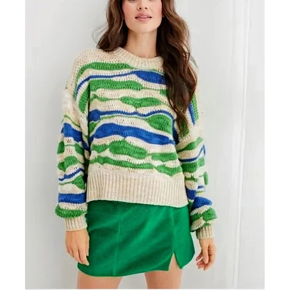 Aerie Intarsia Sweater XS Bremen Green Blue Knit Wool Cropped‎ Chunky Wavy Crew